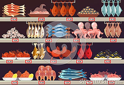 Fish food at shop or store stall with prices Vector Illustration