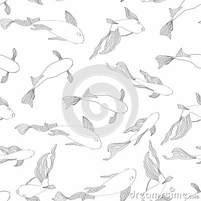Fish graphic black white line seamless pattern background sketch illustration. Japanese Koi carps, fish on white backgriund. Vector Illustration