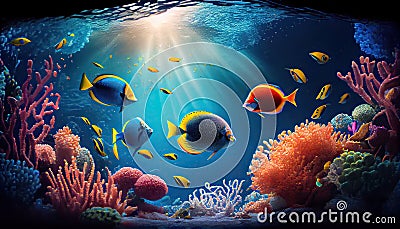 fish groups and sunny sky shining through clean ocean water. Stock Photo