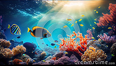 fish groups and sunny sky shining through clean ocean water. Stock Photo