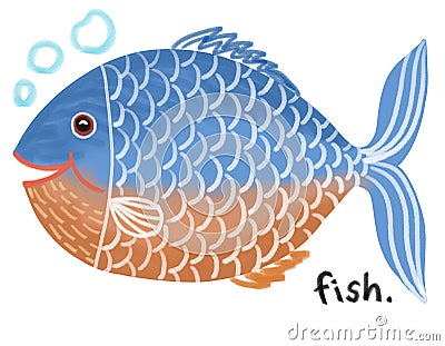 Fish. Hand-drawn character animal illustration isolated on white background. Pastel.Oil pastel. watercolor. Crayon and Chalk Cartoon Illustration