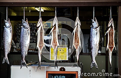 Fish hanging at butcher shop Stock Photo