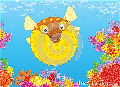 Fish-hedgehog on a reef Vector Illustration