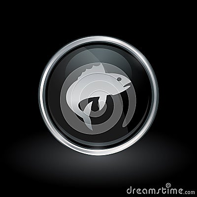 Fish icon inside round silver and black emblem Vector Illustration