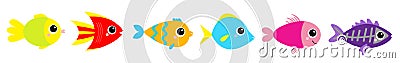 Fish icon set line. Cute cartoon kawaii funny character. Baby kids collection. Aquarium sea ocean animals. Marine life. White Vector Illustration