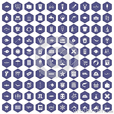 100 fish icons hexagon purple Vector Illustration