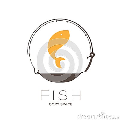 Fish jumping in Fishing rod and pan frame circle shape, logo icon set design illustration Vector Illustration