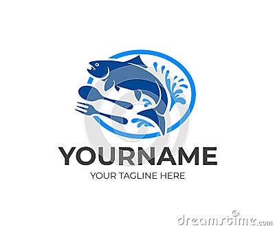 Fish jumps out of the water in circle, spoon and fork, logo design. Restaurant, food and seafood, vector design Vector Illustration