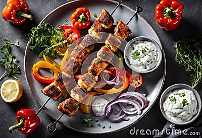 A fish kebab with bell peppers, onions, and tzatziki sauce Stock Photo