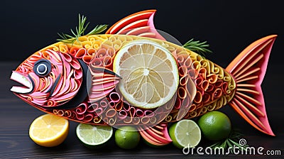 A fish made out of paper with lemon slices, AI Stock Photo