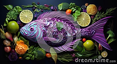 A fish made out of purple vegetables and fruit, AI Stock Photo