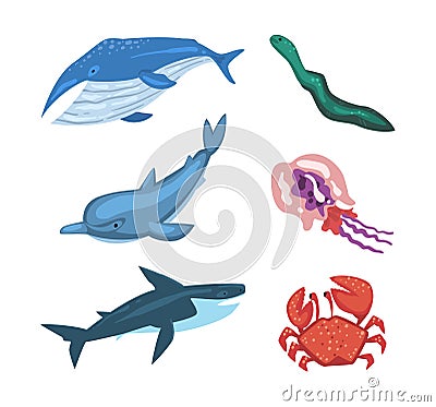 Fish and Marine Mammals as Sea and Underwater World Vector Set Vector Illustration