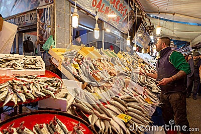 Fish market on historical Havra Street, Izmir, Turkey. Editorial Stock Photo