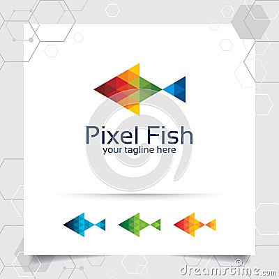 Fish mascot logo vector design illustration with colorful triangle and pixel concept. fish logo vector for app and studio Vector Illustration