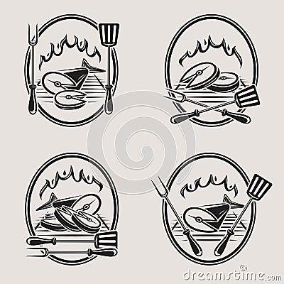 Fish meat food labels and elements set. Collection icon fish meat. Vector Vector Illustration