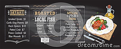 Fish menu chalkboard mockup with salmon steak on a plate Vector Illustration