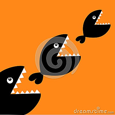 Fish monster eating each other. Three fishes. Food chain. Black color diagonal silhouette. Cute cartoon character set. Baby kids c Vector Illustration