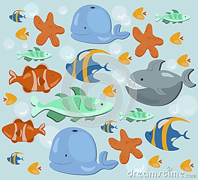 Fish ocean Summer pattern. Blue color Vector Vector Illustration