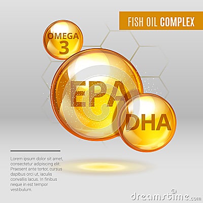 Fish oil ads template, Vitamin Omega-3 Fatty Acids EPA, DHA gold shining pill capsule icon. Chemical formula .Shining Vector Illustration