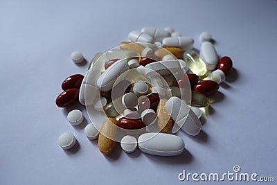 Fish oil, calcium, vitamin K, lutein and multivitamin pills Stock Photo