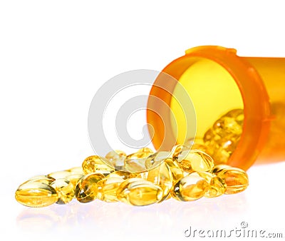 Fish Oil Capsules and Pills Bottle isolated Stock Photo