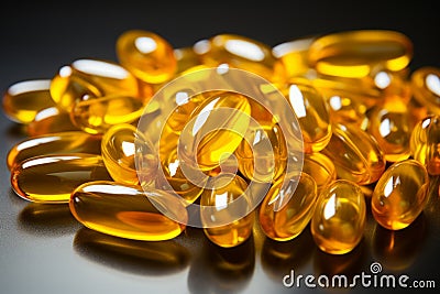Fish oil omega-3 vitamin pills healthy vital capsules pharmaceutical medicine omega supplement oil nutriment nutrient Stock Photo