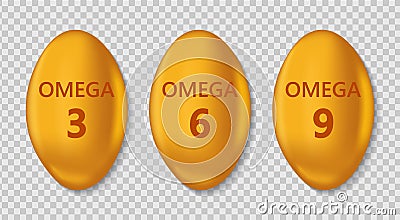 Fish oil pill omega 3. 3d round capsule omega3 on transparent background. Gold vitamin tablet for liver. Realistic fatty gel acids Vector Illustration