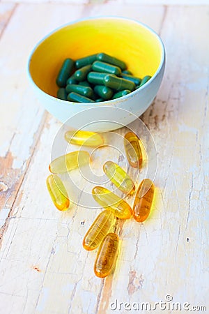 Fish oil vitamins and herbal pills Stock Photo