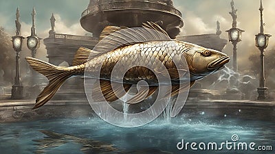 fish out of the water metal crucian carp fish jumping in a pond, with a fountain Stock Photo