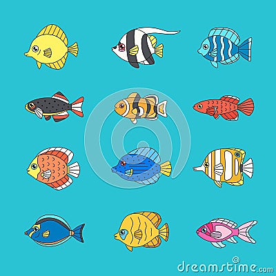 Fish outline multicolored vector icon set. Vector Illustration