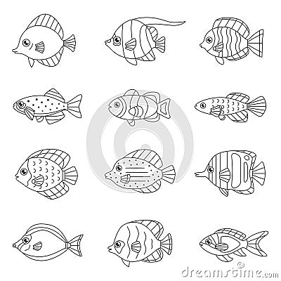 Fish outline vector icon set tropical, marine, oceanic. Stock Photo