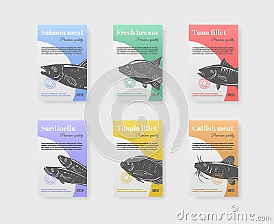 Fish package label. Fresh fishes packaging branding cards, natural food grocery business store, premium seafood salmon Vector Illustration