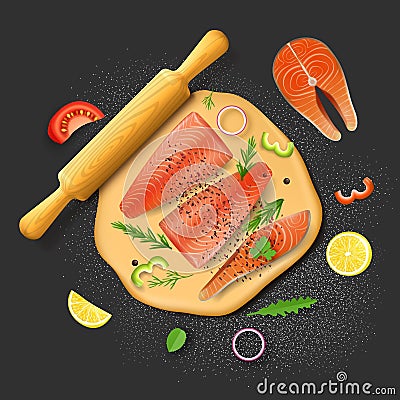 Fish pie ingredients. Dough, red salmon fillet, lemon, tomato slices, arugula and rosemary greens, vector illustration. Vector Illustration