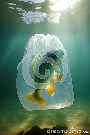 Fish in plastic bag. Massive plastic pollution underwater concept. Ecological problem. Generative AI Stock Photo