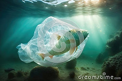 Fish in plastic bag. Massive plastic pollution underwater concept. Ecological problem. Generative AI Stock Photo