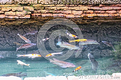 fish pond with relief walls in the Penataran temple complex. Editorial Stock Photo