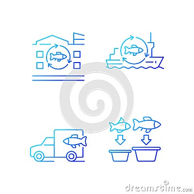 Fish processing and transportation gradient linear vector icons set Vector Illustration
