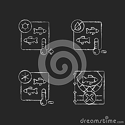 Fish products sterilization chalk white icons set on dark background Vector Illustration