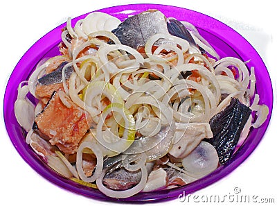 Fish salmon pickled salted onion. Stock Photo