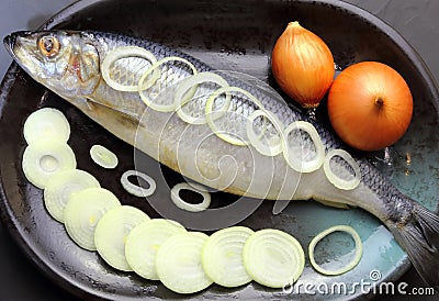 A fish. Salted marinated herring with sliced onions on a ceramic dish. Stock Photo