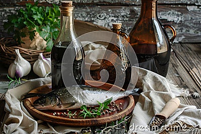 Garum fish sauce in a decanter on the table with fresh sardines and spices. Stock Photo