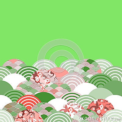 Fish scales simple Nature background with japanese sakura flower, rosy pink Cherry, wave circle pattern red beige light green colo Vector Illustration