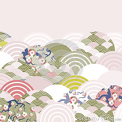 Fish scales simple Nature background with japanese sakura flower, rosy pink Cherry, wave circle pattern red olive Green pink beige Vector Illustration