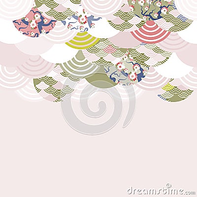 Fish scales simple Nature background with japanese sakura flower, rosy pink Cherry, wave circle pattern red olive Green pink beige Vector Illustration
