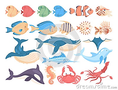 Fish and sea creatures set. Collection of aquatic fauna. Dolphin, whale Vector Illustration