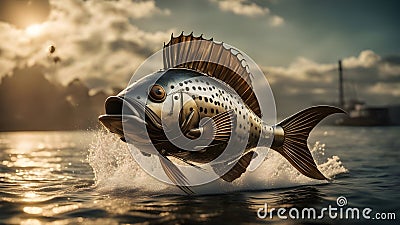 fish in the sea A dynamic scene of a steampunk mahi-mahi fish, Stock Photo
