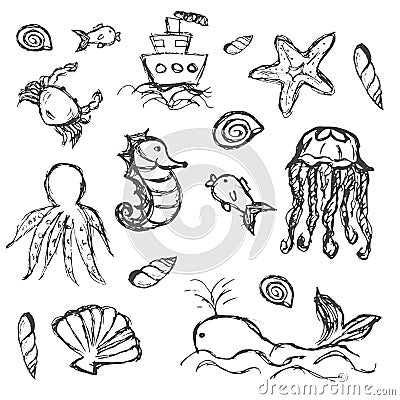 Fish and sea life hand drawn doodle icons set Vector Illustration