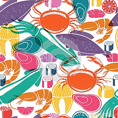 Fish and seafood background seamless pattern Vector Illustration