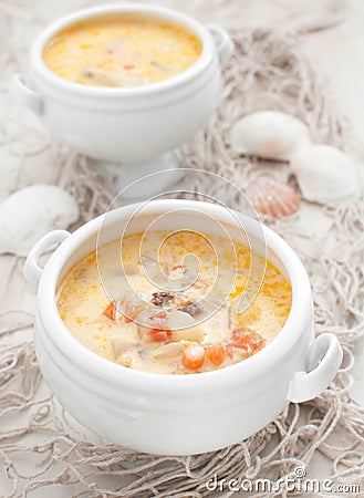 Fish and seafood chowder soup Stock Photo