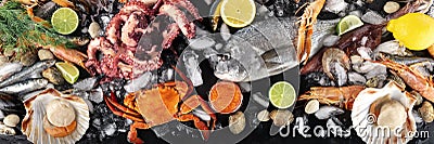 Fish and seafood panorama, a flatlay top shot. Sea bream. shrimps, crab etc Stock Photo